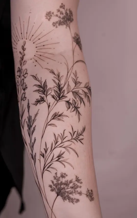 Fine line botanical tattoo on the arm by Ingrid Campelo