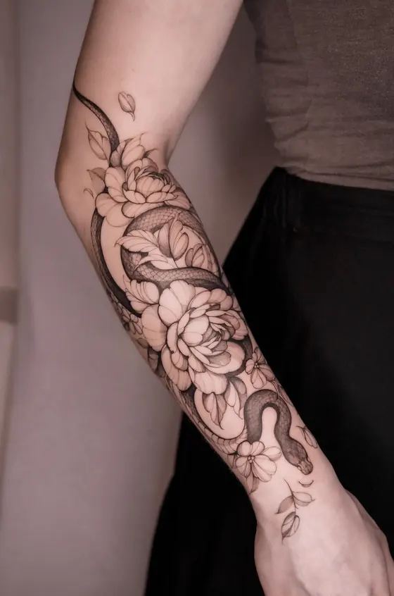 Fine line serpent and floral tattoo on the arm by Ingrid Campelo