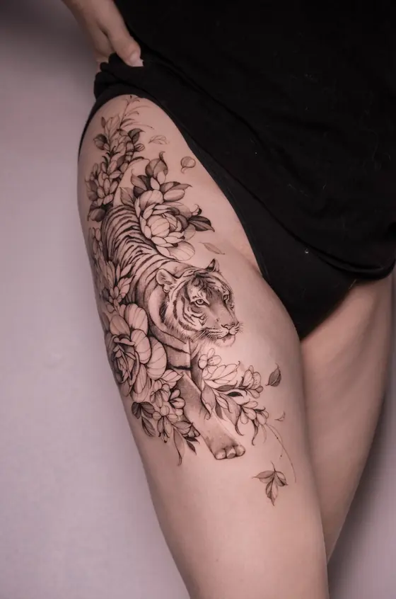 Fine line tiger and floral tattoo on the thigh by Ingrid Campelo