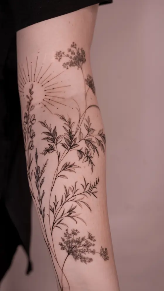 Fine line botanical tattoo on the arm by Ingrid Campelo