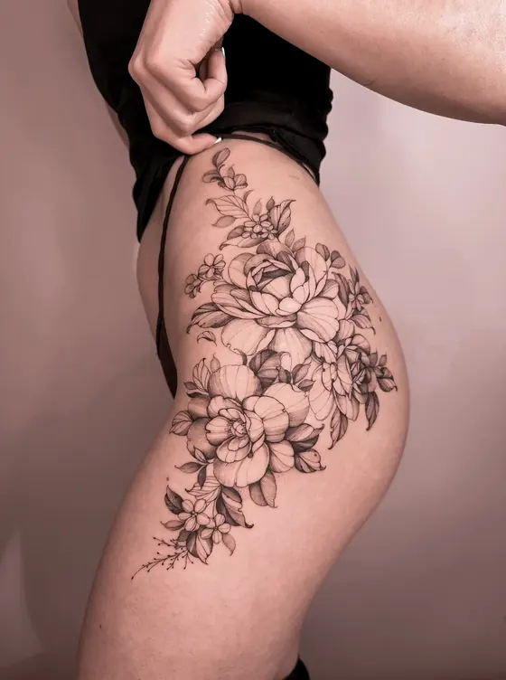 Fine line botanical tattoo on the hip by Ingrid Campelo